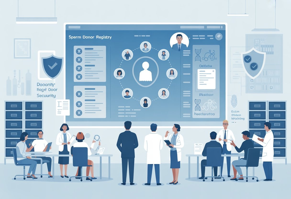 Eine Illustration zeigt medizinische Fachkräfte vor einem digitalen Bildschirm mit Symbolen für Sicherheit, DNA und Akten, die die Herkunftssicherheit im Samenspender-Register darstellen