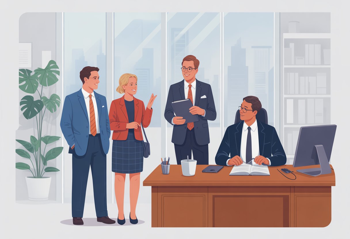 Ein Paar spricht mit einem Anwalt in einem Büro, während ein Richter Dokumente prüft